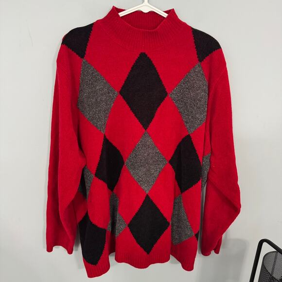 Karen Scott II Soft Acrylic Red Argyle Sweater High Neckline Womens Plus Size 2X - Picture 1 of 6